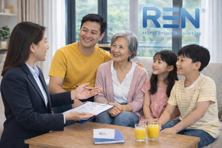 Myanmar maid in Singapore consultation with a family and elderly parent at home