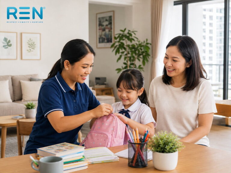 Filipino helper in Singapore supporting childcare and household routines