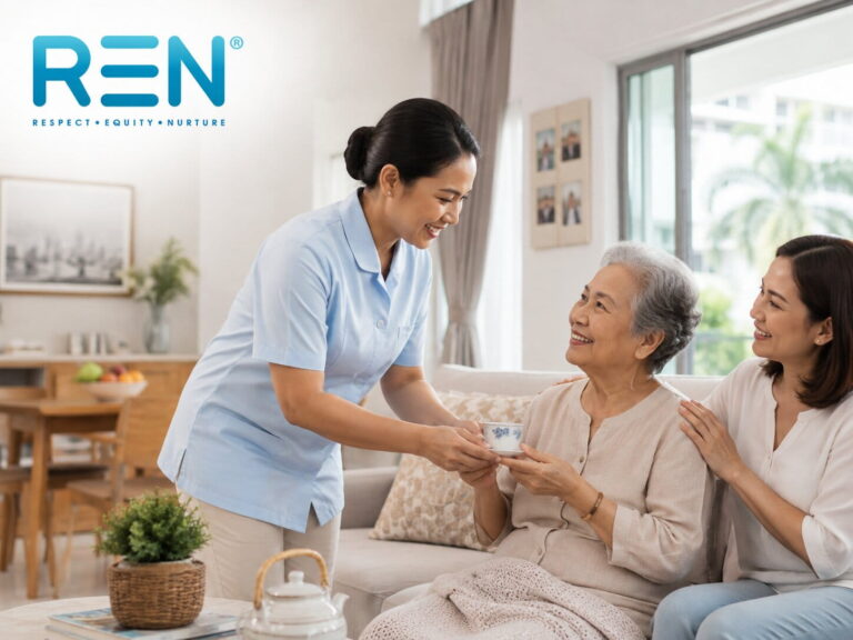 Indonesian helper supporting childcare and eldercare needs in a Singapore home